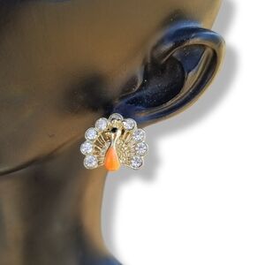 Vintage Peacock Post Earrings Gold Tone Rhinestone Orange Enamel Kitschy Boho